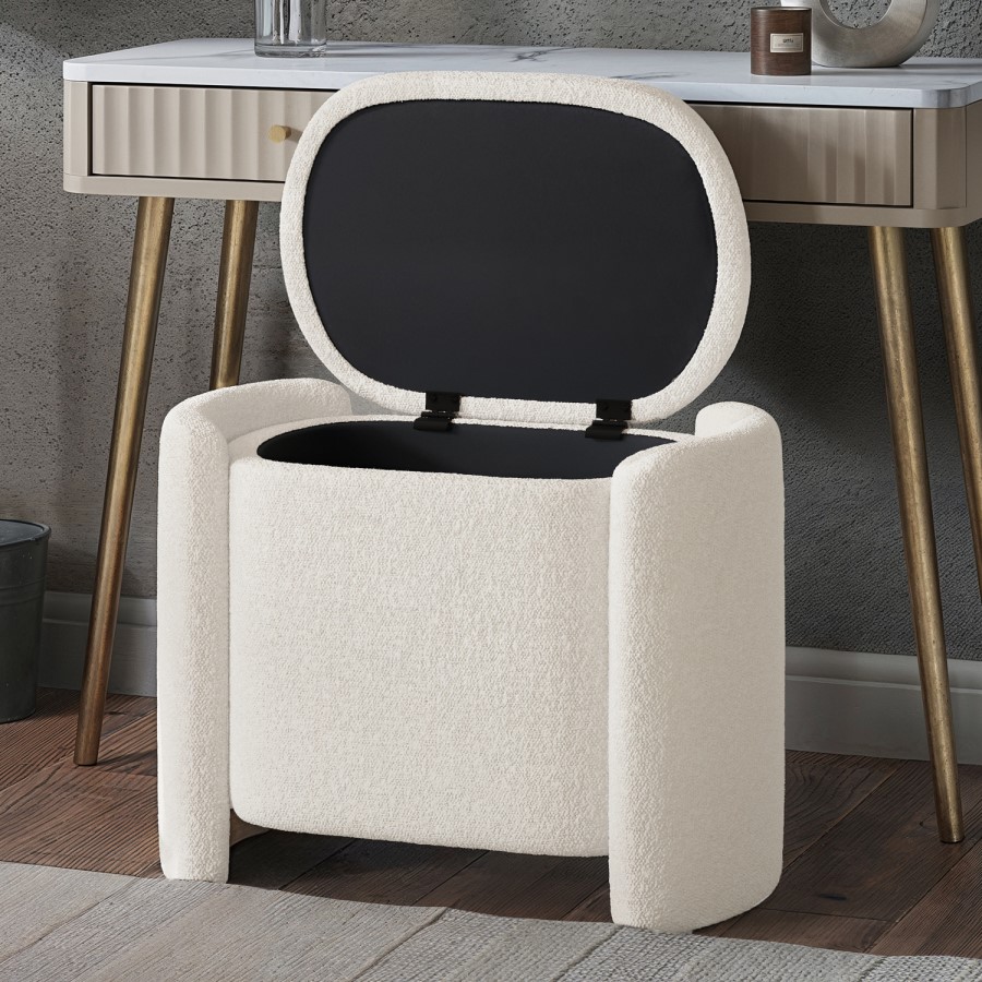 ONLY OPENED - Off-White Boucle Dressing Table Stool with Ottoman Storage - Taryn