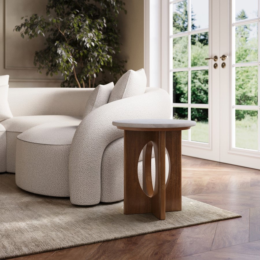 Round White Marble and Mango Wood Side Table - Ivan