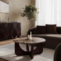 Large Round Brown Marble and Walnut Effect Coffee Table - Ivan