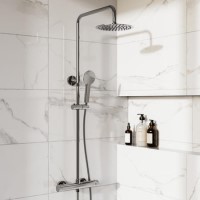 Chrome Round Thermostatic Bar Mixer Shower Set with Slide Rail Kit & Hand Shower - Vira