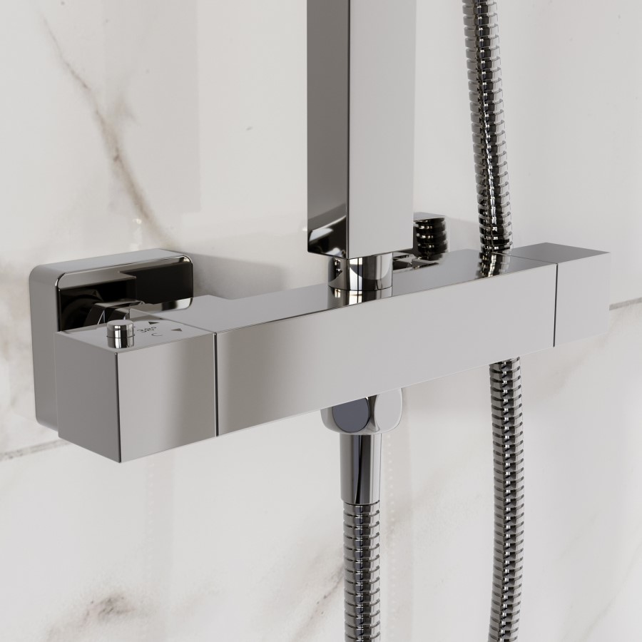 Chrome Square Thermostatic Bar Mixer Shower Set with Slide Rail Kit & Hand Shower - Vira
