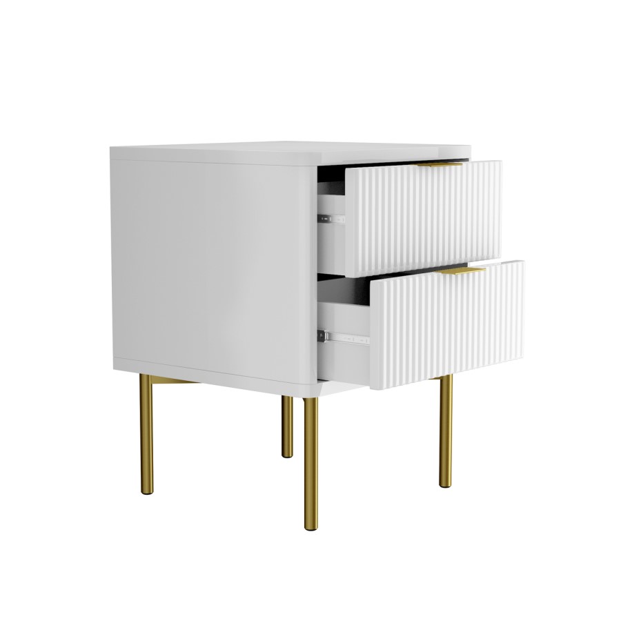 Modern Ribbed White High Gloss 2 Drawer Bedside Table - Valencia