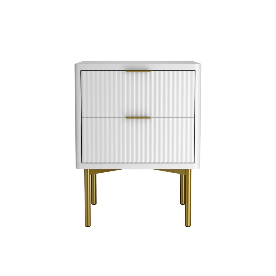 Modern Ribbed White High Gloss 2 Drawer Bedside Table - Valencia
