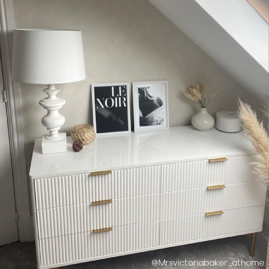 Wide White High Gloss 6 Drawer Chest of Drawers with Gold Legs - Valencia
