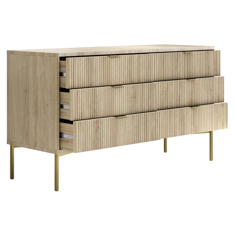 Wide Oak Ribbed 6 Drawer Chest of Drawers with Gold Legs - Valencia