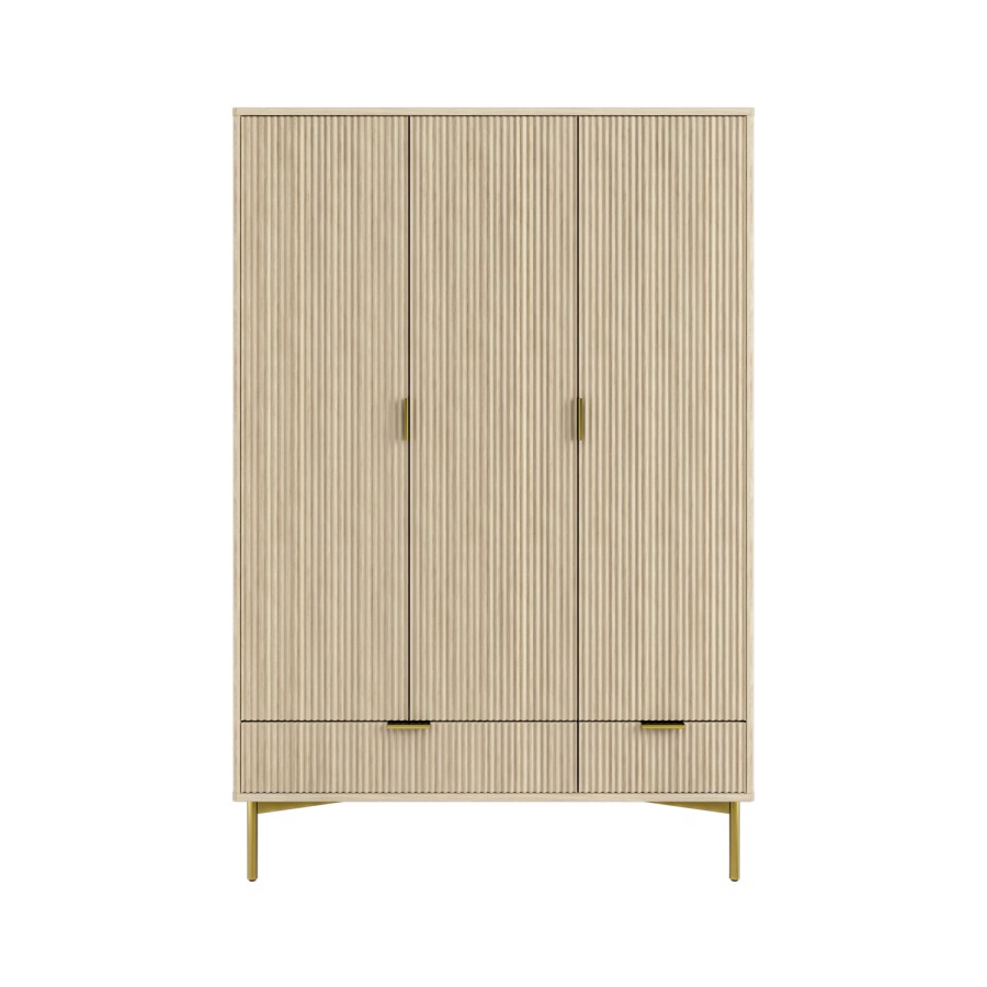 Oak and Gold Ribbed 3 Door Triple Wardrobe with 2 Drawers - Valencia