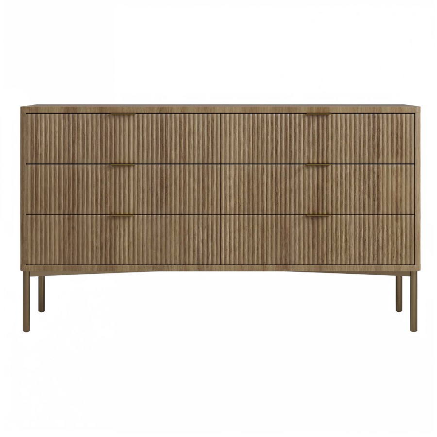 Wide Dark Wood Ribbed 6 Drawer Chest of Drawers with Bronze Legs - Valencia