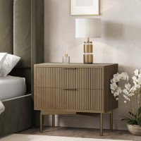 Wide Dark Wood and Bronze Ribbed 2 Drawer Bedside Table - Valencia