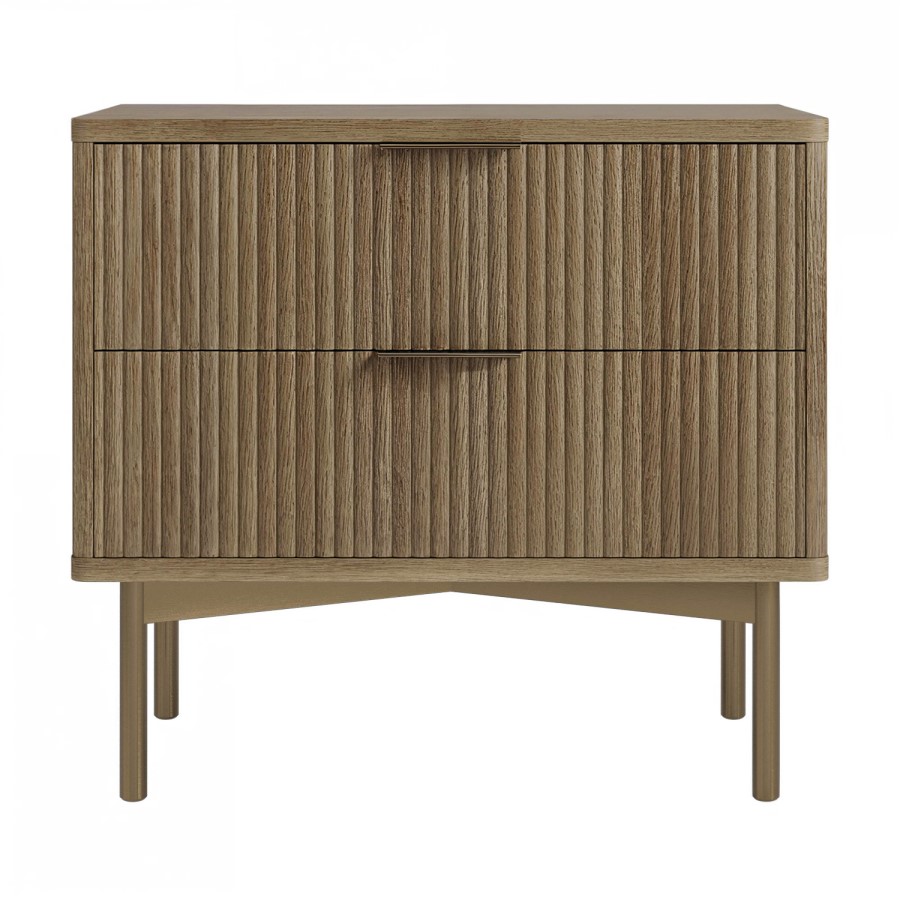 Wide Dark Wood and Bronze Ribbed 2 Drawer Bedside Table - Valencia