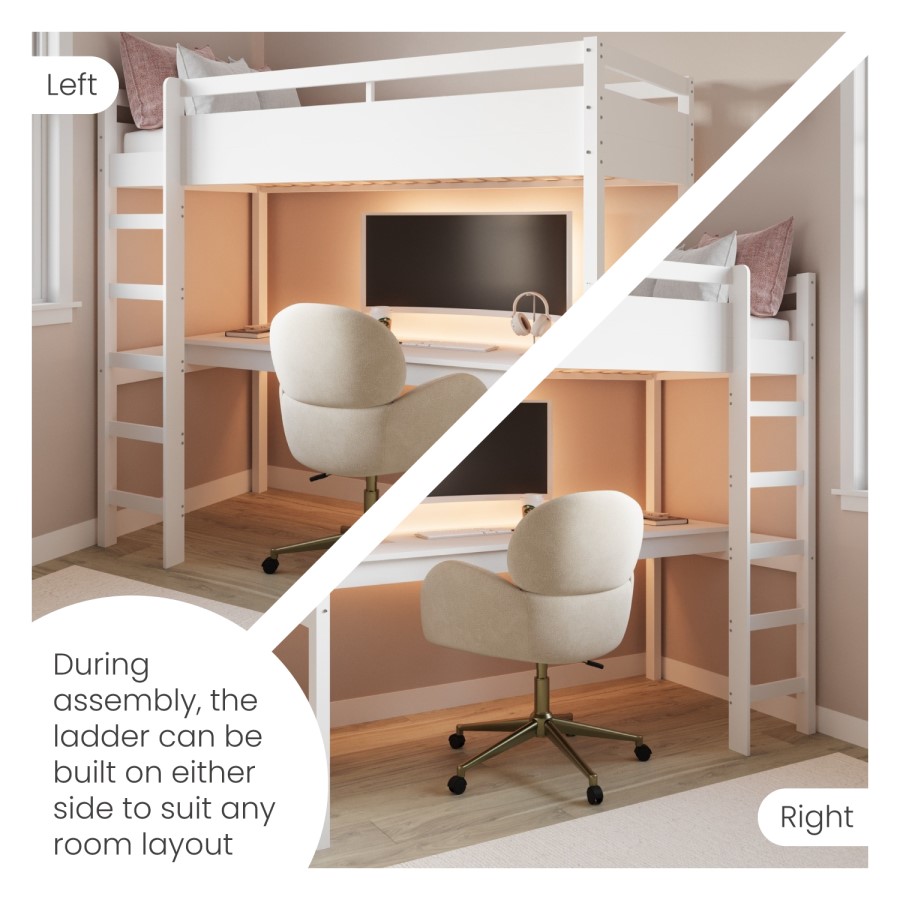 High Sleeper Loft Gaming Bed with Desk in White - Wyatt