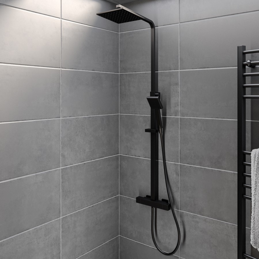 Black Thermostatic Bar Mixer Shower Set with Slide Rail Kit & Hand Shower - Zana