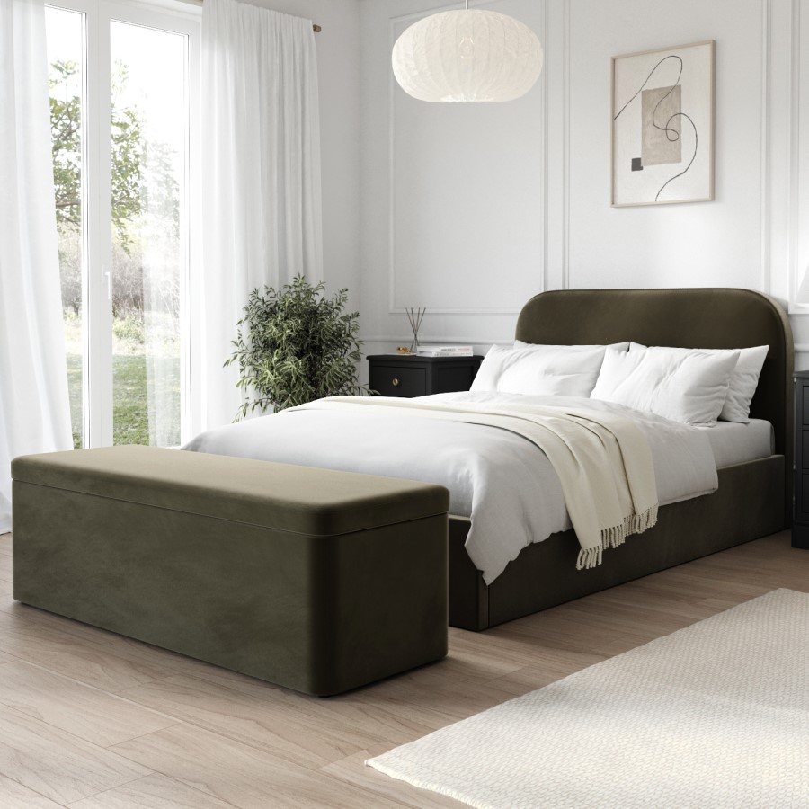 ONLY OPENED - Khaki Green Velvet Small Double Ottoman Bed - Zara