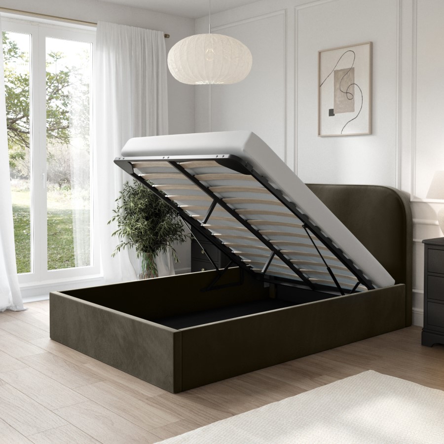 Khaki Green Velvet Upholstered Small Double Ottoman Bed with Curved Headboard - Zara