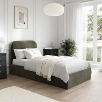 Khaki Green Velvet Upholstered Single Ottoman Bed with Curved Headboard - Zara