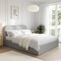 Grey Upholstered King Size Ottoman Bed with Curved Headboard - Zara