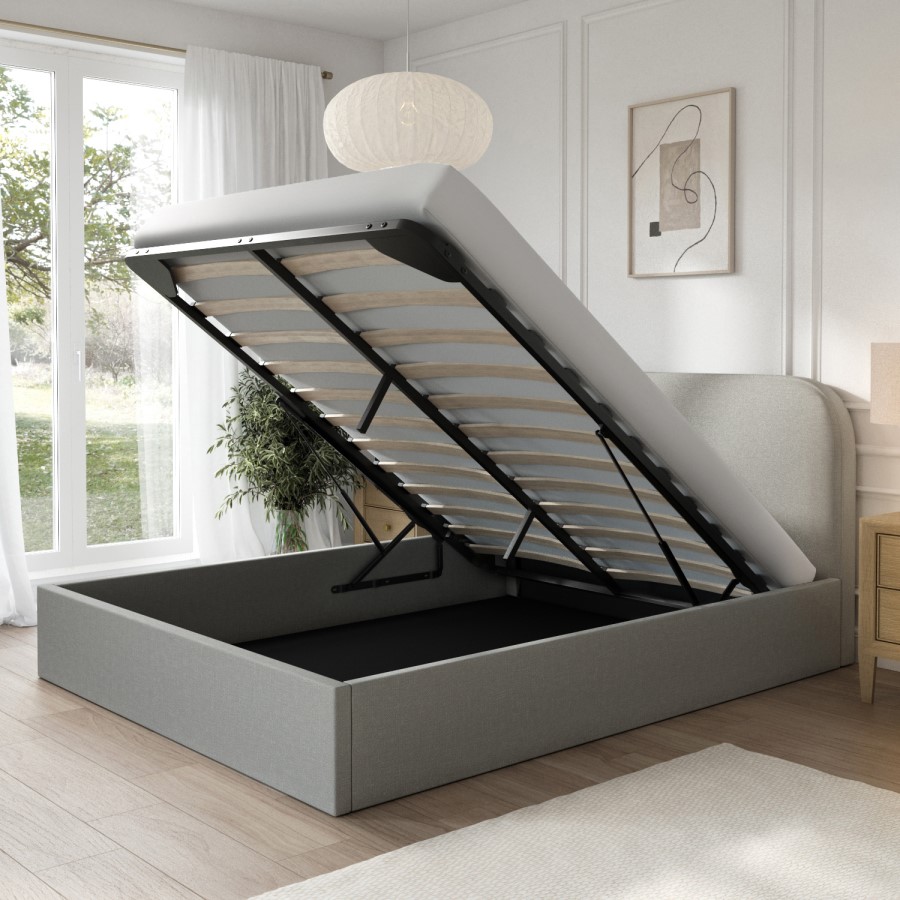 Grey Upholstered King Size Ottoman Bed with Curved Headboard - Zara