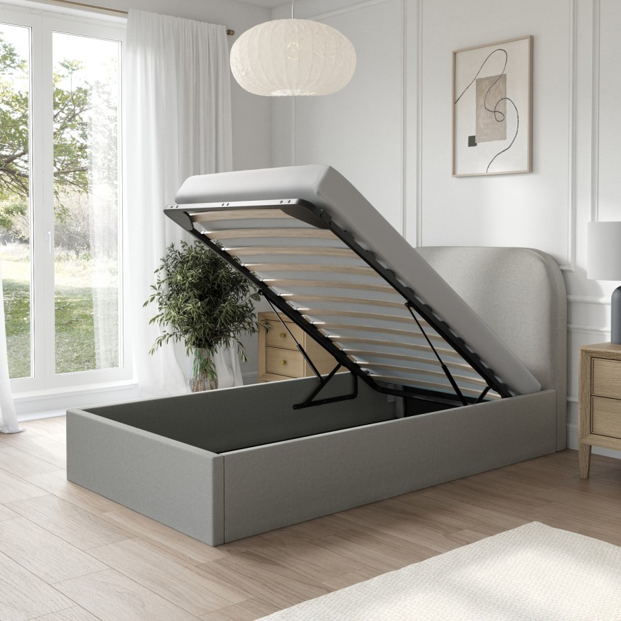 Grey Upholstered Single Ottoman Bed with Curved Headboard - Zara