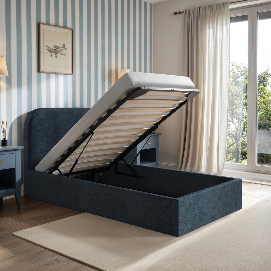 Blue Upholstered Single Ottoman Bed with Curved Headboard - Zara