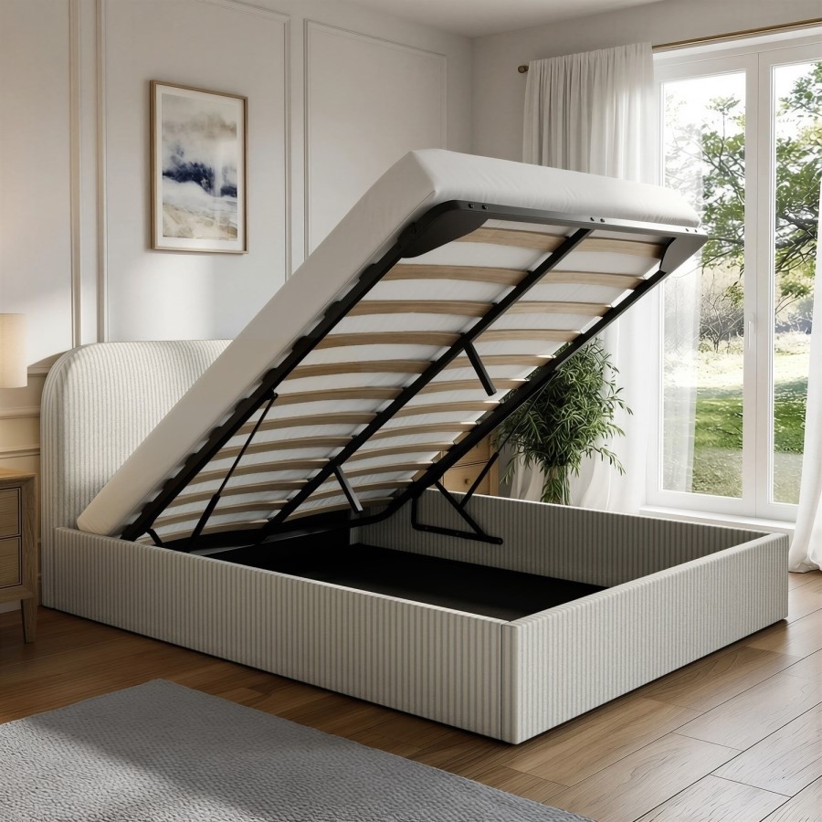 Cream and Grey Striped King Size Ottoman Bed With Curved Headboard - Zara