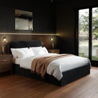 Black Velvet Upholstered Double Ottoman Bed with Curved Headboard - Zara