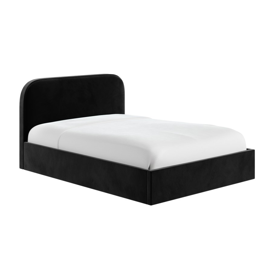 Black Velvet Upholstered Double Ottoman Bed with Curved Headboard - Zara