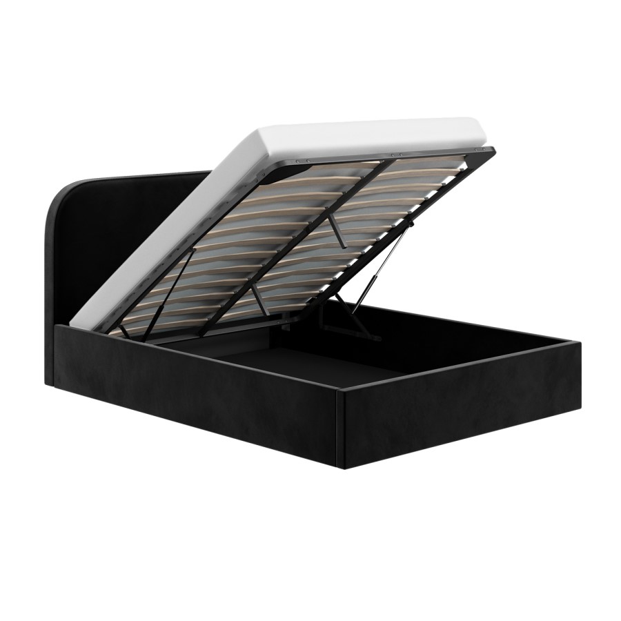 Black Velvet Upholstered Double Ottoman Bed with Curved Headboard - Zara