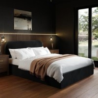 King Size Black Velvet Upholstered Ottoman Bed with Curved Headboard - Zara