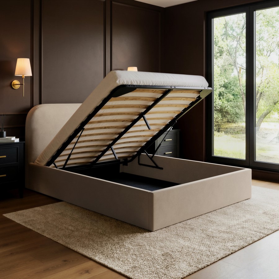 Beige Upholstered Small Double Ottoman Bed with Curved Headboard - Zara