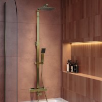 Brushed Brass Square Thermostatic Bar Bath Mixer Shower Set with Bath Filler Spout Slide Rail Kit & Hand Shower - Zana
