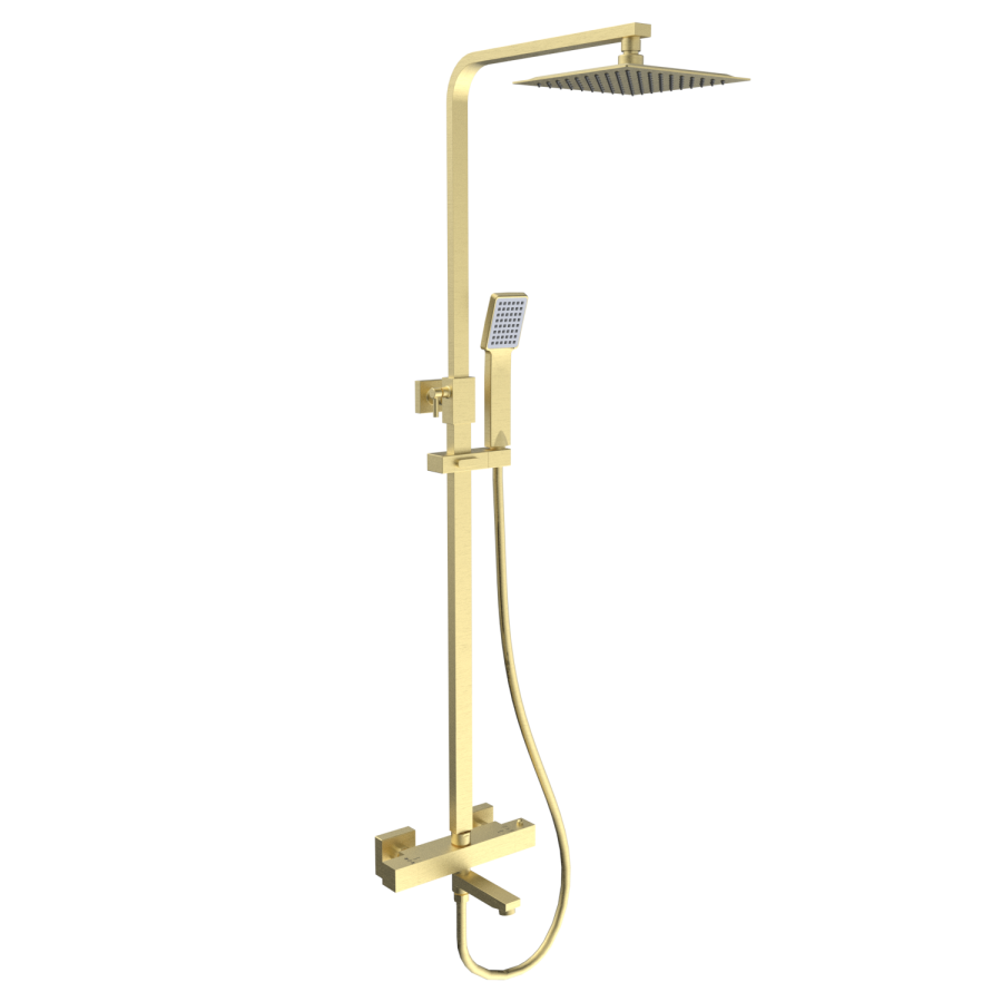 Brushed Brass Square Thermostatic Bar Bath Mixer Shower Set with Bath Filler Spout Slide Rail Kit & Hand Shower - Zana