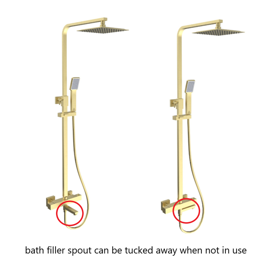 Brushed Brass Square Thermostatic Bar Bath Mixer Shower Set with Bath Filler Spout Slide Rail Kit & Hand Shower - Zana