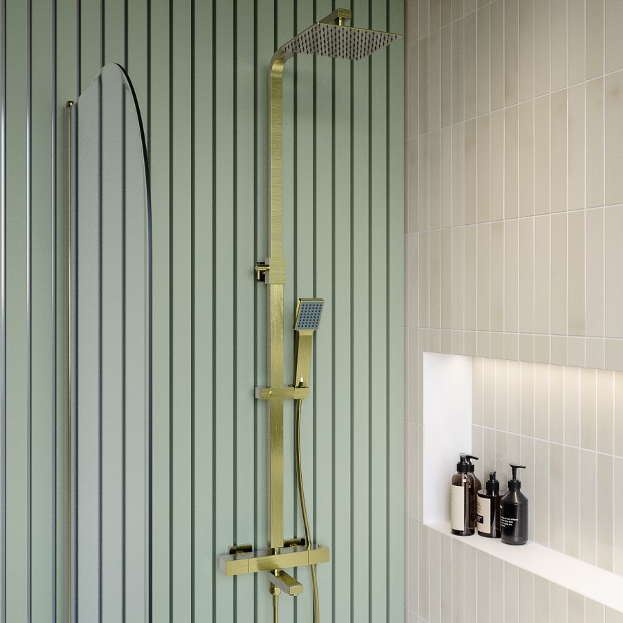 Brushed Brass Square Thermostatic Bar Bath Mixer Shower Set with Bath Filler Spout Slide Rail Kit & Hand Shower - Zana