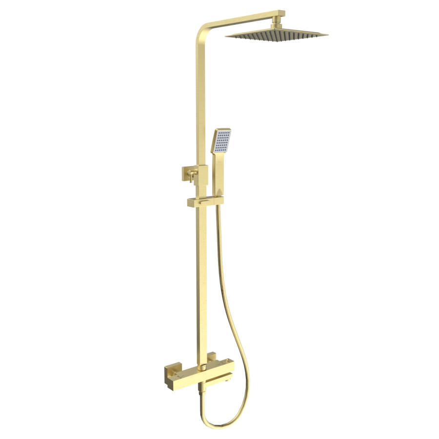 Brushed Brass Square Thermostatic Bar Bath Mixer Shower Set with Bath Filler Spout Slide Rail Kit & Hand Shower - Zana