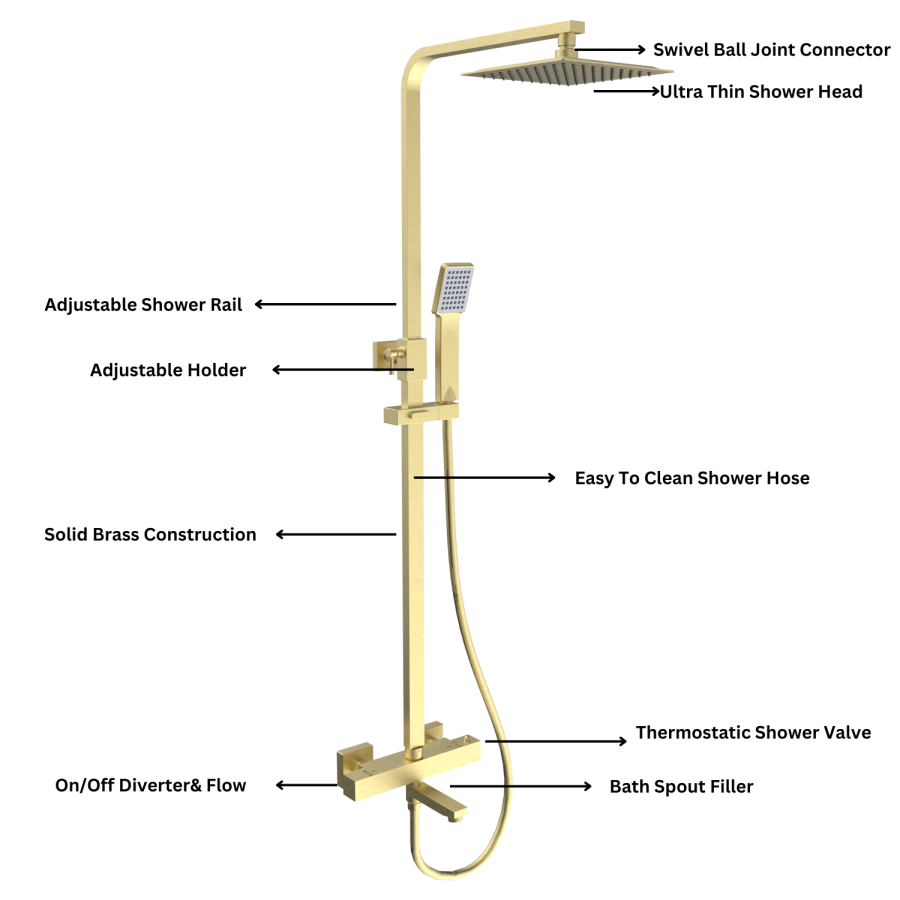 Brushed Brass Square Thermostatic Bar Bath Mixer Shower Set with Bath Filler Spout Slide Rail Kit & Hand Shower - Zana