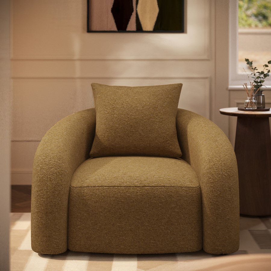 Modern Caramel Brown Chenille Armchair with Cushion - Zuri