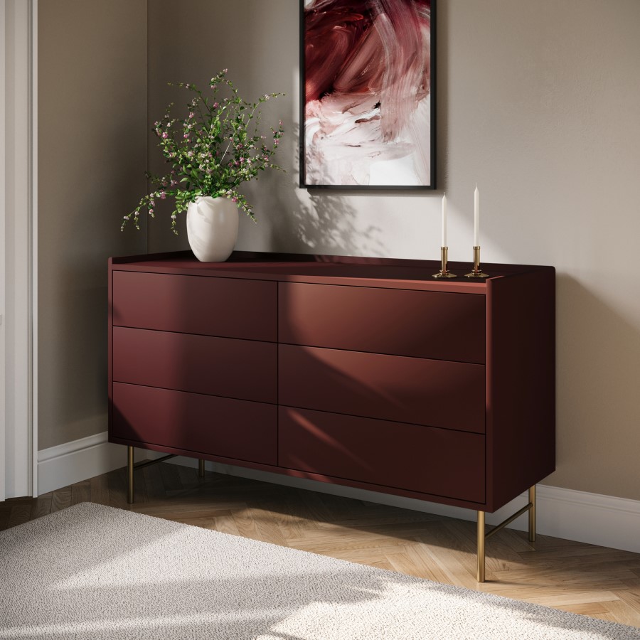 Wide Burgundy Modern 6 Drawer Chest of Drawers - Zane