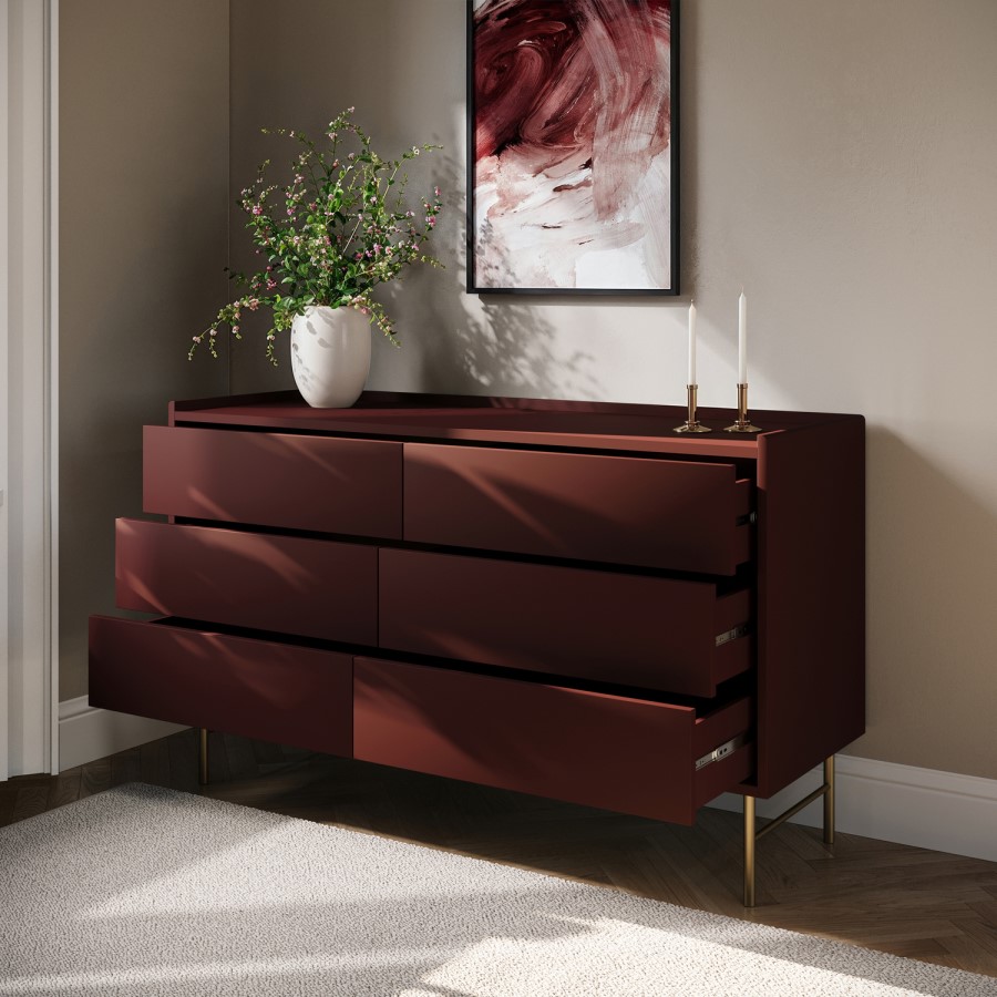 Wide Burgundy Modern 6 Drawer Chest of Drawers - Zane
